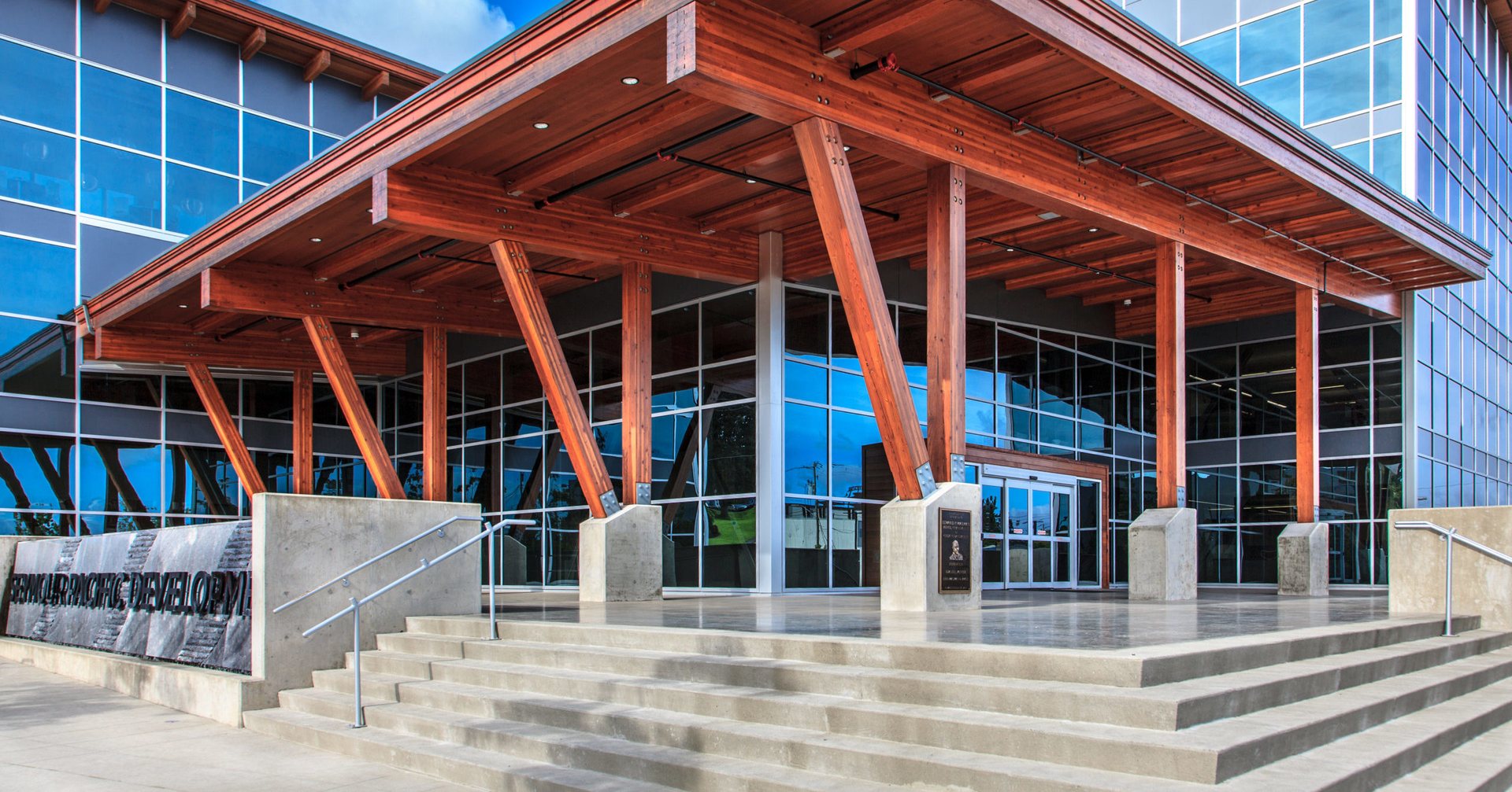 Timber entrance canopy, Seymour Pacific Developments
