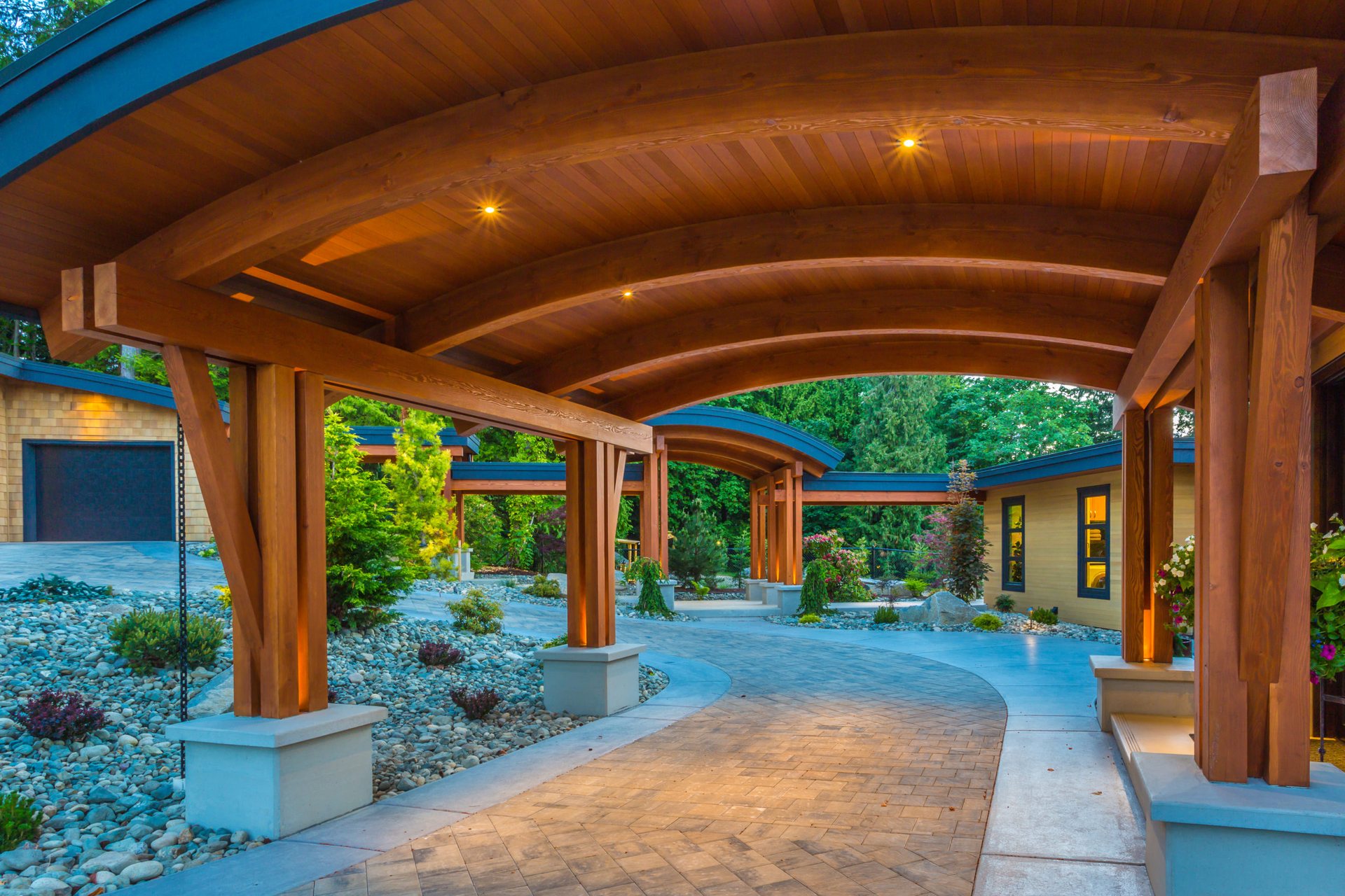 Timber-framed covered entry, Dickinson Road home