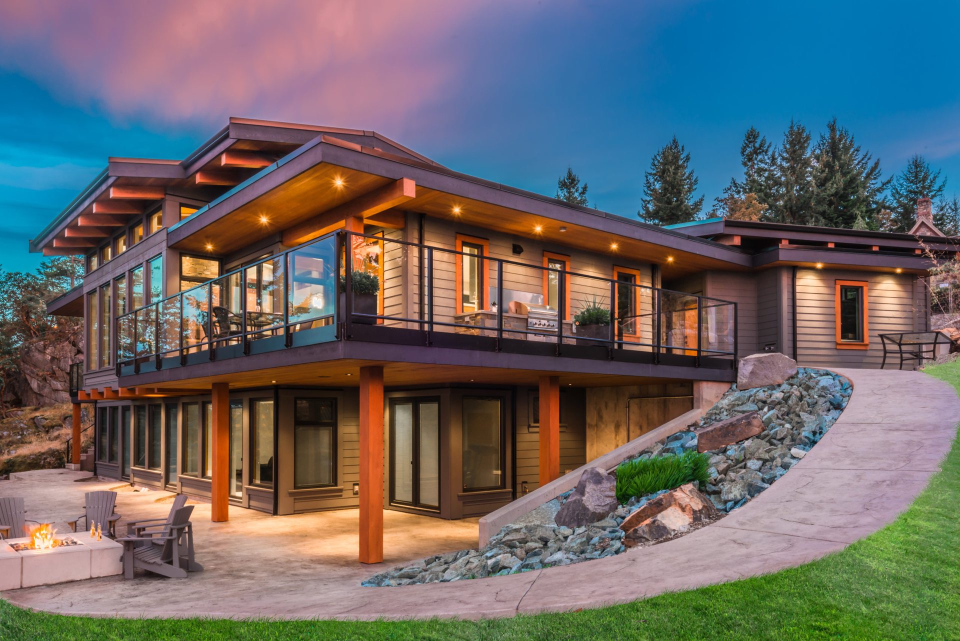 Custom waterfront home at sunset