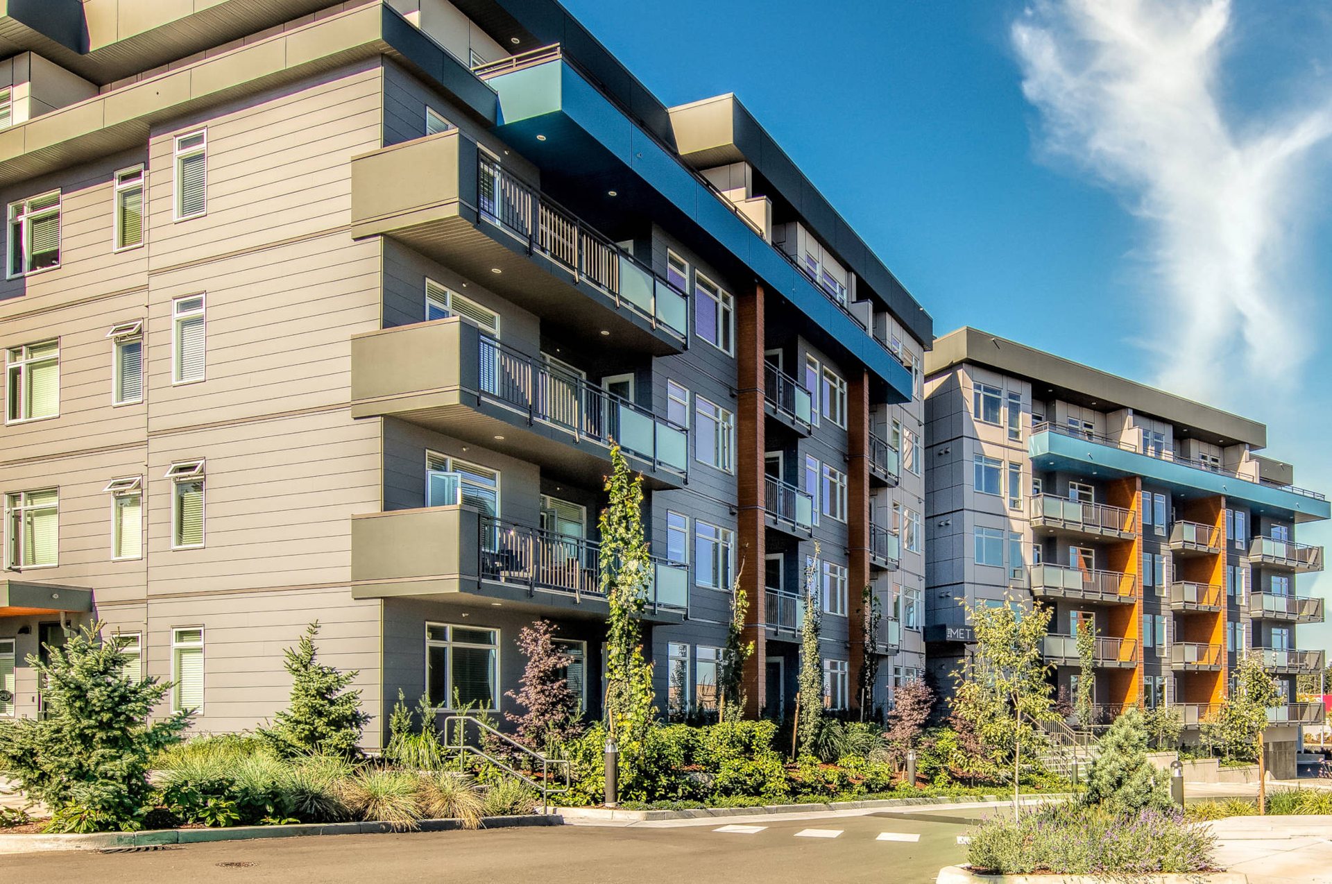 Multi-storey apartment buildings with balconies