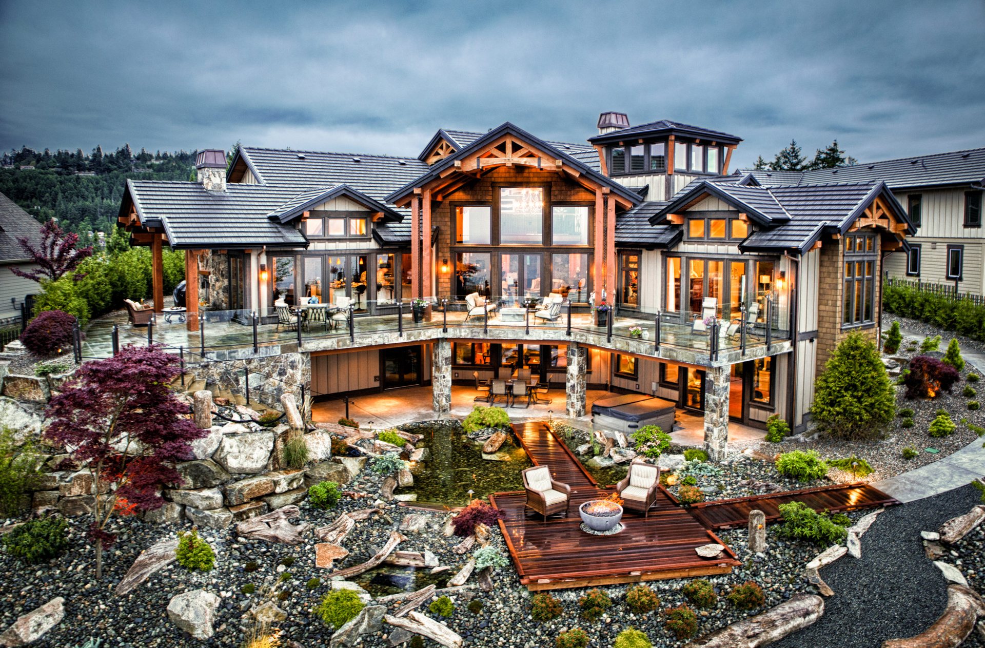 Custom home with landscaped rock garden