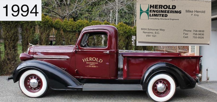 Herold Engineering truck and Mike Herold’s first business card, 1994
